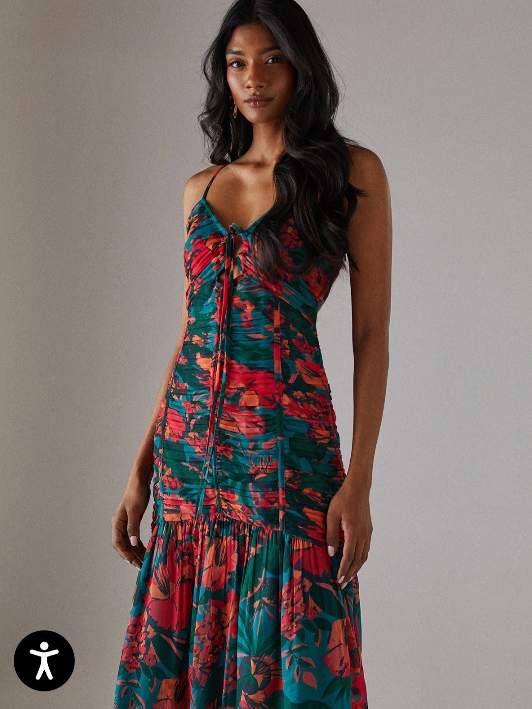 Tie-Front Floral Maxi Dress In Teal And Red — image 4 of 4